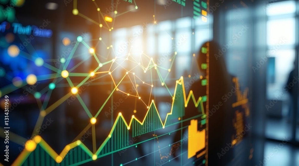 Aufkleber a digital financial graph overlaid on a blurred office setting, symbolizing business growth and data