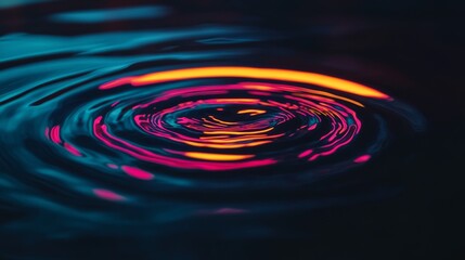 Concentric ripples of vibrant colors dance on water's surface, creating a mesmerizing and dynamic pattern, vivid in the dusk light.