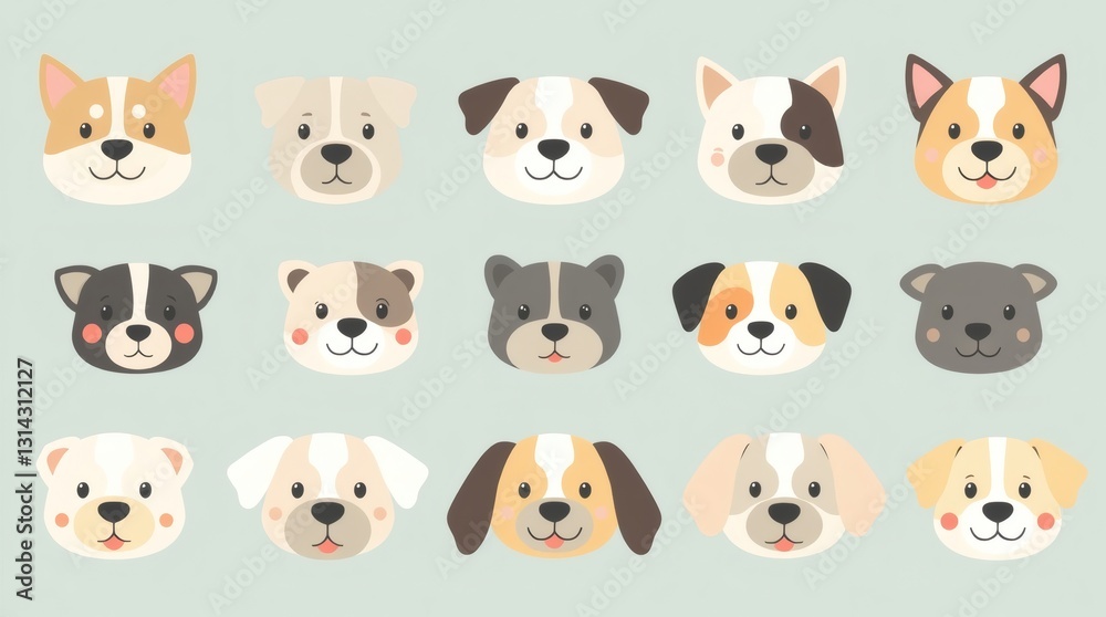 Poster a collection of adorable dog faces, each with its own unique expression and appearance, arranged in a grid format
