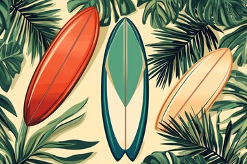 Tropical surfboard pattern intermixed with palm leaves in a retro style.