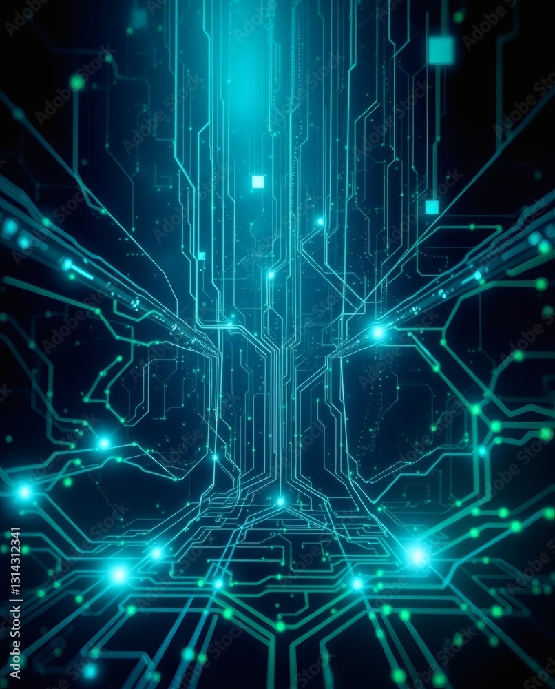 Poster a network of circuit lines glowing with an abstract design. The abstract pattern is a cool teal color with many light dots