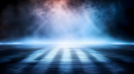 Dark Empty Asphalt Road With Blue And Orange Lights Smoke Fog And Wet Surface In A Dramatic Night Scene Perfect For Backgrounds