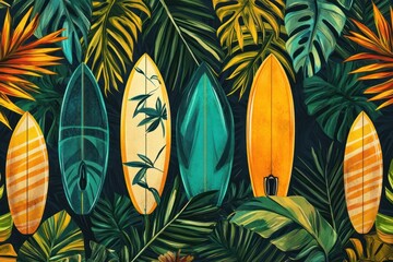 Tropical surfboard pattern intermixed with palm leaves in a retro style.