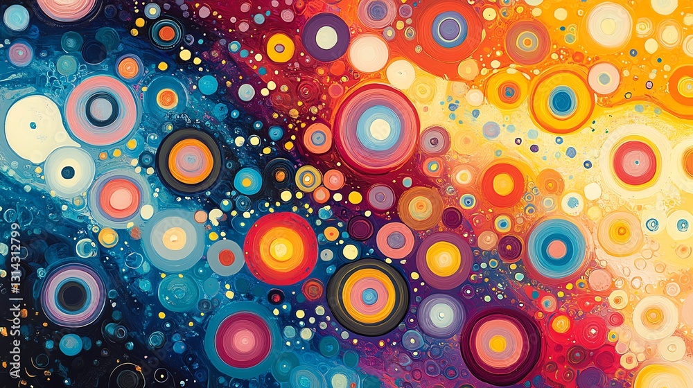 Leinwandbilder A visually engaging, colorful abstract pattern with multiple circles linked by lines, creating an intricate and dynamic design full of energy