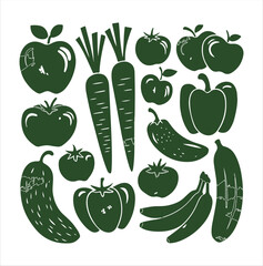 Set Of Hand-Drawn Fruit & Vegetable Silhouettes in Rustic Style