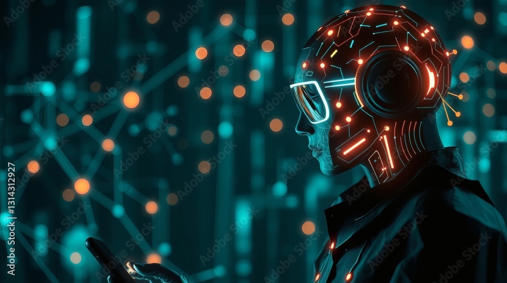 Poster futuristic cyborg with digital interface. this image showcases a cyborg with a digital interface, se