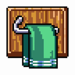 Retro Pixel Art Towel Hanging on Wooden Rack Nostalgic Bathroom Decor