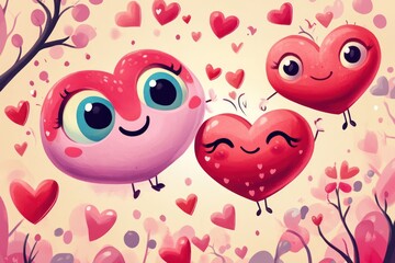 Valentine's Day theme with heart-shaped cartoon characters in pink and red.