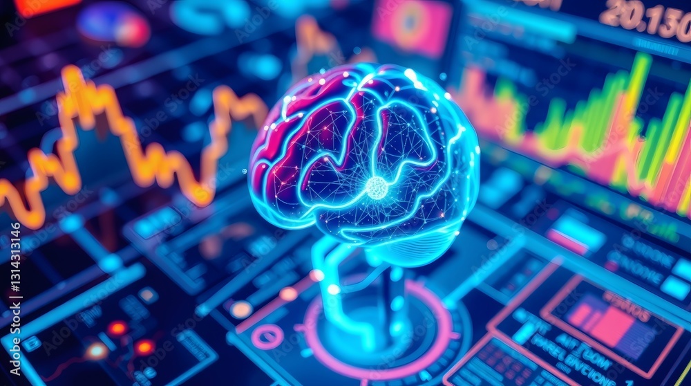 Poster glowing digital brain with stock market graph in background, representing artificial intelligence (AI)