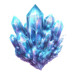A highly detailed artistic illustration of a luminous crystal cluster, transparent background, PNG