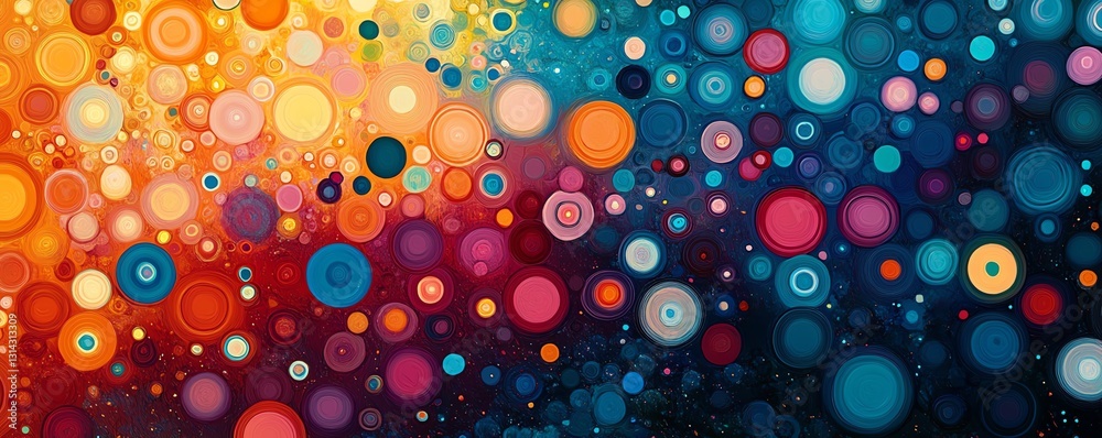 Poster An abstract, colorful pattern of circles linked by lines, creating a mesmerizing and dynamic design with an energetic, modern feel