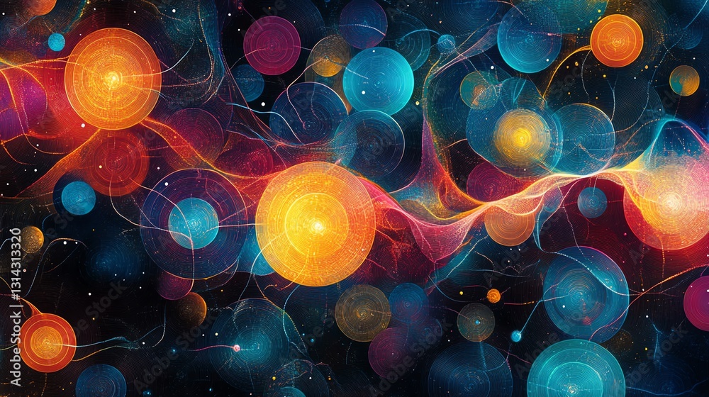 Poster An abstract design featuring colorful circles interconnected by lines, forming a captivating and intricate pattern with a blend of vivid colors