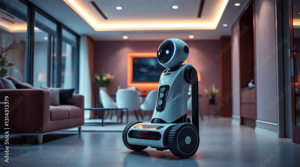 Poster a futuristic robot assistant gracefully navigating a modern living space. The robot's sleek design, minimalist design with state of the art features