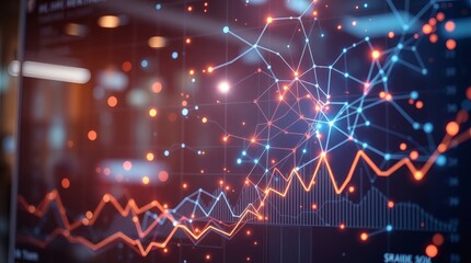 a dynamic data visualization showing an upward trend, illustrated with glowing lines and points