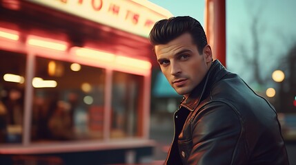 Fototapeta premium Handsome man in leather jacket at night, looking at camera.