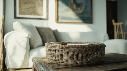 Fototapeta premium This image features a clean and modern living room interior. The space is well-lit with natural light, highlighting the minimalist design and neutral color palette. A cozy sofa adorned with pillows