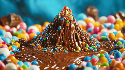 Chocolate volcano with colorful candy sprinkles erupting in a sweet landscape