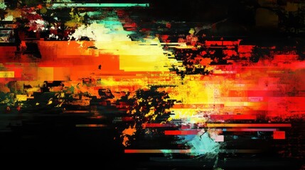 Vibrant abstract digital glitch effect with fragmented pixels and distorted lines on a dark background.