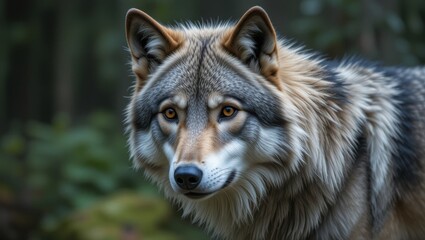 Fototapeta premium Close-Up Portrait of a Majestic Grey Wolf in a Natural Forest Environment with Soft Lighting