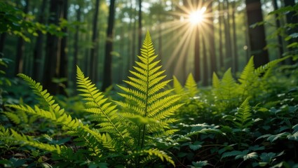 Fototapeta premium Lush Ferns in a Serene Forest Bathed in Golden Sunrise Light with Soft Sunbeams