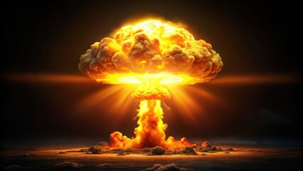 A mushroom cloud on a dark black background with a bright orange and yellow hue emitting a fiery glow from the center , intense light, nuclear explosion