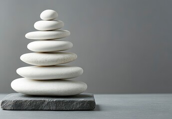 Balanced White Stones on Dark Grey Base Against Grey Background
