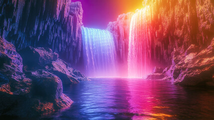Colorful dual waterfalls in fantasy cave with vibrant illumination