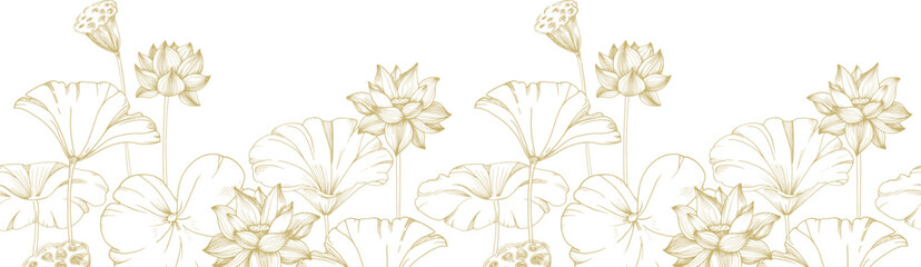 Lotus gold flowers and leaves seamless border. Vector illustration hand drawn and isolated on white background. Template for label and logo design