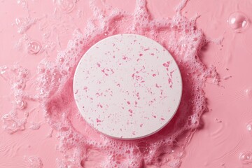 Top view of pink white clear calm water surface. Texture with splashes and bubbles with pink podium. Trendy abstract summer nature background for product presentation. Flat lay cosmetic