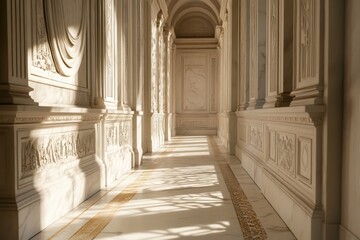 White marble ancient Greek corridor, sun casting long shadows across intricate friezes.