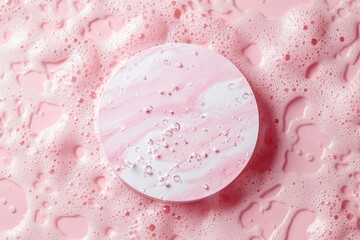 Top view of pink white clear calm water surface. Texture with splashes and bubbles with pink podium. Trendy abstract summer nature background for product presentation. Flat lay cosmetic