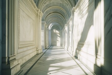 White marble ancient Greek corridor, sun casting long shadows across intricate friezes.