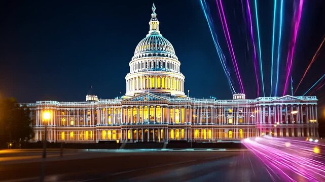 Vibrant laser lights illuminate the Capitol building at night in stunning 4K animation
