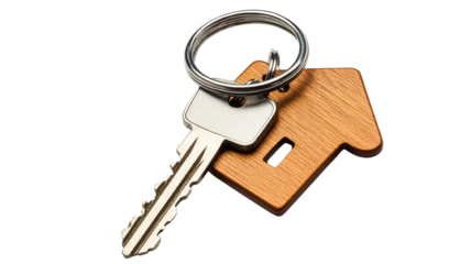 "House keys with a decorative house-shaped keychain attached, isolated on a transparent background."
