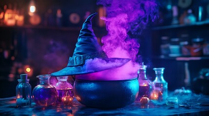 Witch's cauldron with potion bubbling and steaming, surrounded by bottles and jars in a dark mystical setting.