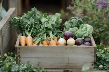Wooden box filled with fresh vegetables, farm to table isolated