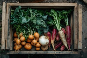 Wooden box filled with fresh vegetables, farm to table isolated