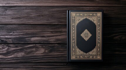 Elegant Antique Book with Ornate Cover Design on Rustic Wooden Table Background