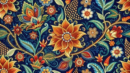 Traditional Malaysian batik with intricate floral motifs in vibrant colors featuring bold and delicate designs on a dark blue background, intricate details, geometric pattern