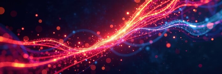 Abstract streaks of vibrant light spin across a deep black canvas , futuristic, photography, neon