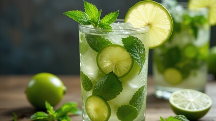 Refreshing Mojito Cocktail with Mint and Lime Slices Served in a Clear Glass on Wooden Table