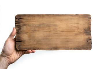 Wooden sign held by a human hand, blank for messages isolated
