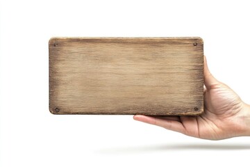 Wooden sign held by a human hand, blank for messages isolated