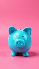 Blue piggy bank, pink backdrop, ample copy space, pig, bank, business