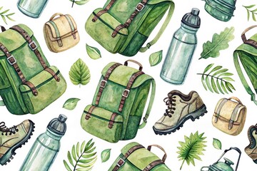 Eco-Friendly Hiking Gear Watercolor Pattern - Rule of Thirds