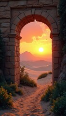 Fototapeta premium Ancient stone gate reveals lush oasis at sunset; sun sets behind dunes , light, historical