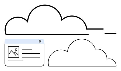 Abstract clouds with outline design and simple browser window suggest online storage, data access, and file sharing. Ideal for technology, computing, communication, organization, modern business