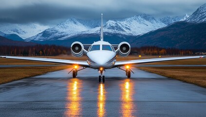 Fototapeta premium Jet on the Runway: A private jet, illuminated by its lights, sits poised on a wet runway with a majestic mountain range in the background. Capturing luxury travel and the anticipation of flight.