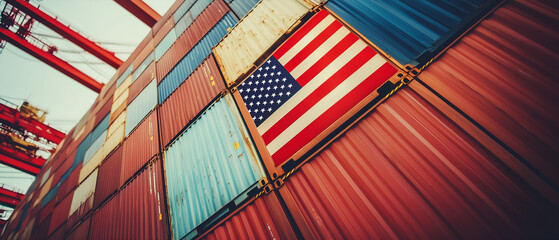 stack of conteiners in a port; us flag on one of them; international trade concept