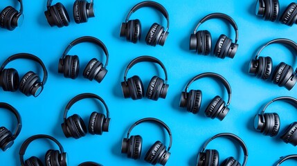 Black headphones arranged in an artistic pattern on a vibrant blue background celebrating music and sound technology